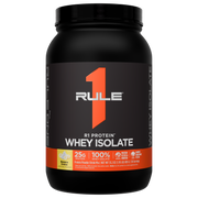 Black container of R1 Protein Whey Isolate with banana cream flavor label Orange graphic and text
