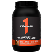 Black protein powder container with orange label showing chocolate peanut butter flavor Contains 25g protein 100 whey