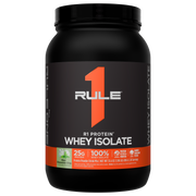 Black protein powder container with a large orange number 1 logo Label details include 25g protein 100 whey isolate