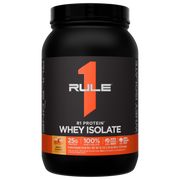 Front of a black protein powder tub with an orange label Salted Caramel flavor is displayed