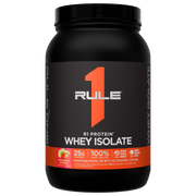 Front of a black protein powder tub with an orange label Strawberry Kiwi flavor is shown
