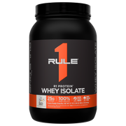 Front view of a black protein powder tub with an orange and white label featuring the number 1 logo